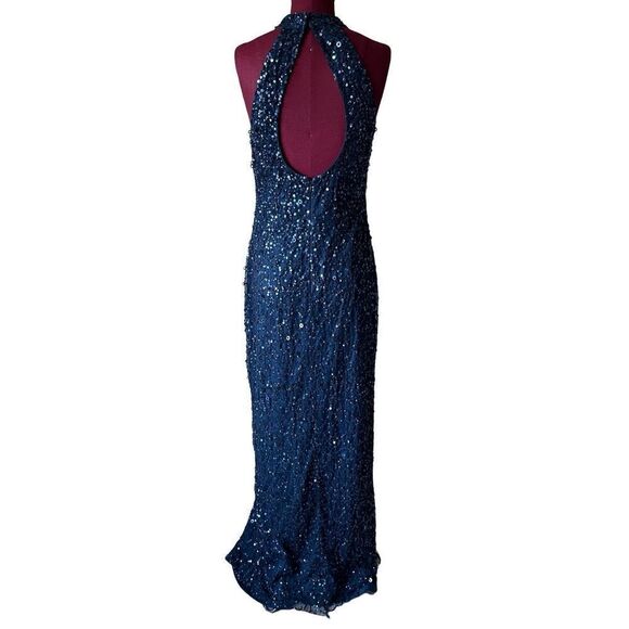 Adrianna Papell Cut Out Back Maxi Blue Sequined Dress size 10 - Picture 4 of 12